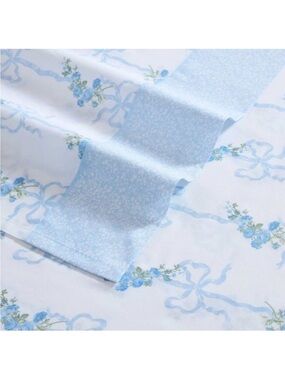 Laura Ashley Floral Ribbon Blue Queen 4 Pc Deep Pocket Sheet Set Cotton NWT